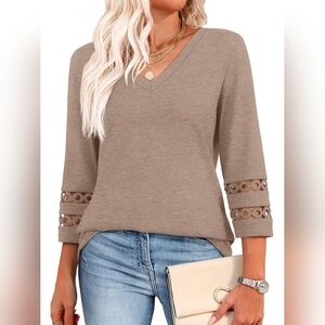Women's Full Size Beige V-Neck Top with Lace Sleeves